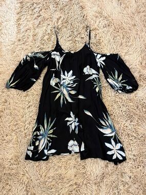 Roxy Black Cold-Shoulder Mini Dress with White and Green Floral Print